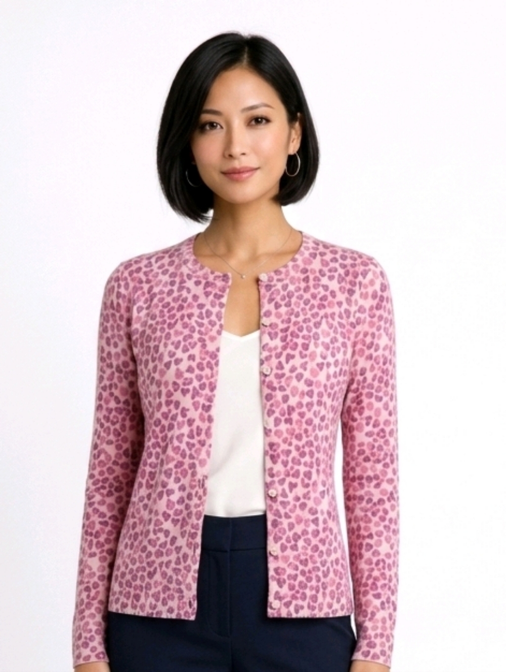 Foxcroft Pink Heart Crew Neck Button Down Cardigan Sweater Size S